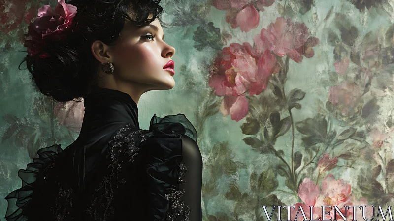Woman in black dress beside painted floral wall portrait.