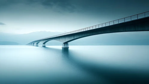Minimalist modern bridge over calm misty blue water.