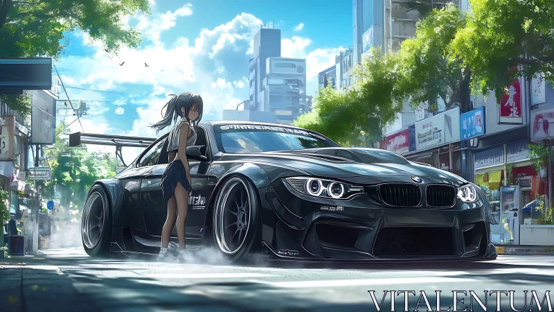Tuned black BMW with anime girl in bright city street.