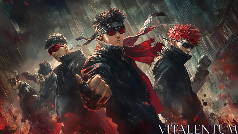 Cyberpunk street squad in dynamic red scarf motion blur