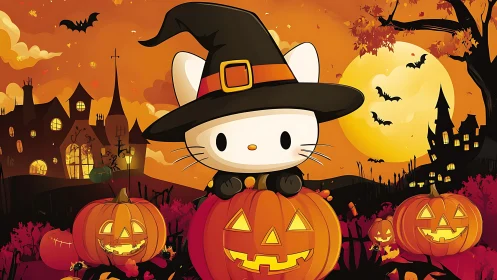 Anthropomorphic character in witch attire with Halloween scenery.