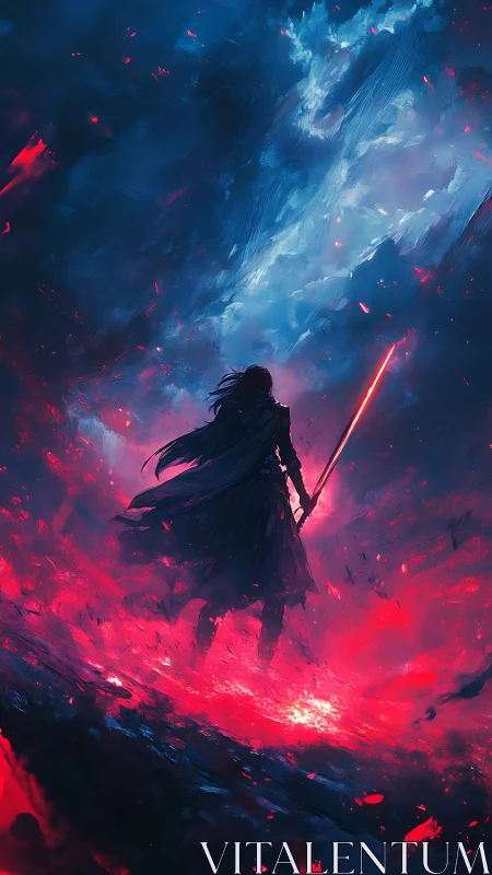 Digital painting of lone warrior in cosmic inferno landscape.