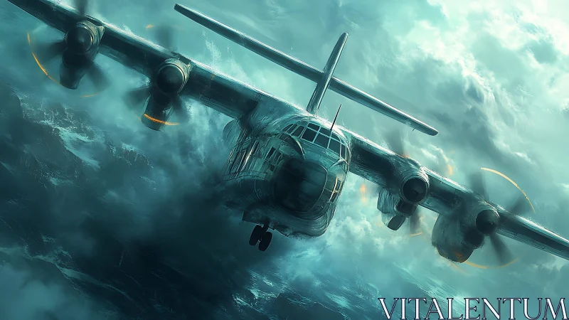 Stormrider cargo plane knifes through raging turquoise sky.