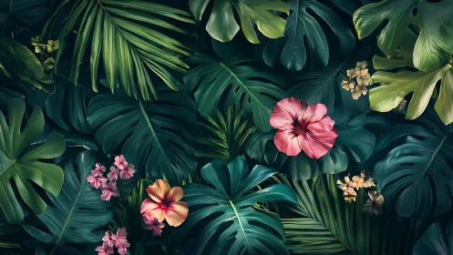 Tropical foliage closeup with hibiscus blossoms and deep teal leaves.