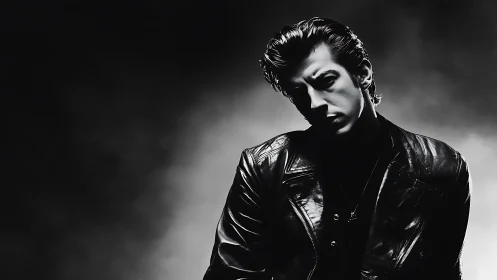 High-contrast noir portrait renders slick-haired man in leather