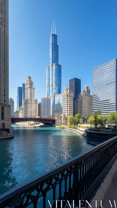 Urban riverfront skyline with high-rise towers in daylight.