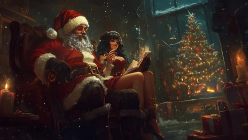 Santa and woman sit by Christmas tree in warmly lit room