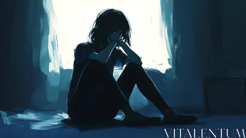 Solitary girl sits against bright window in dark room