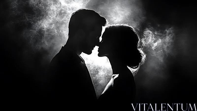 Silhouetted figures in close proximity with dramatic backlighting.