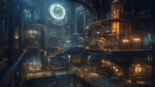 Industrial interior with pipes, walkways and central clock window.