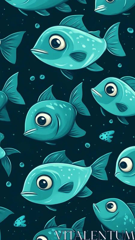 Seamless teal cartoon fish pattern on dark aquatic background