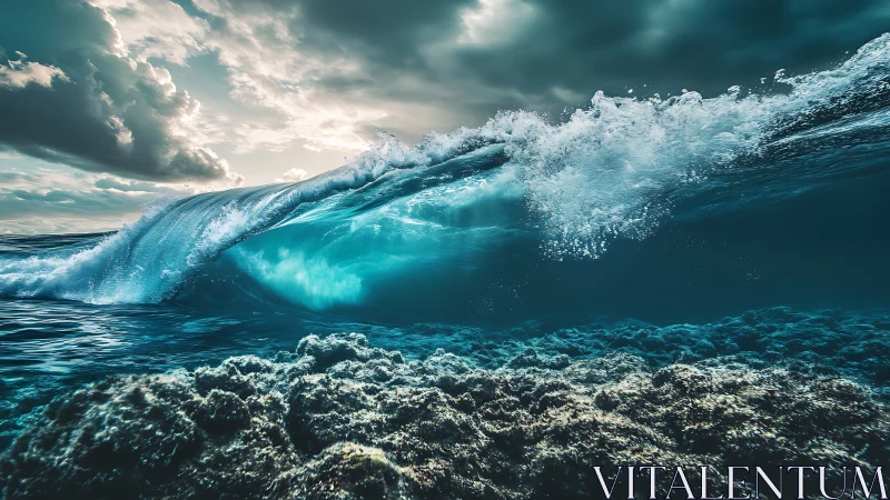 Rolling turquoise wave revealing a hidden coral underworld.