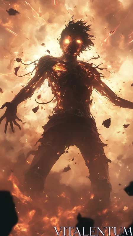 Humanoid silhouette engulfed in flames and floating debris.