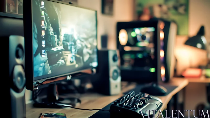 Modern gaming desktop setup with monitor and speakers.