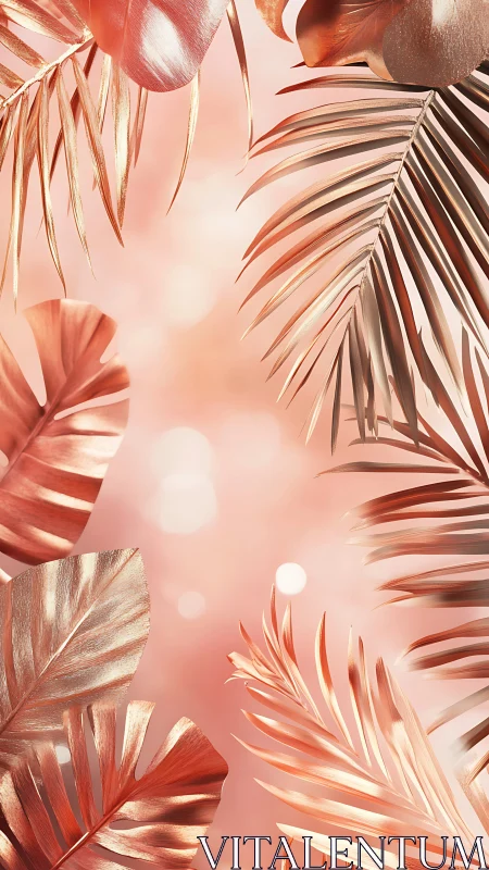 Metallic tropical leaves frame on soft peach background.
