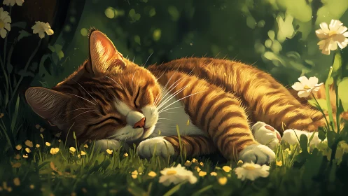 Sweet Orange Tabby Cat Napping in a Sunny Wildflower Meadow