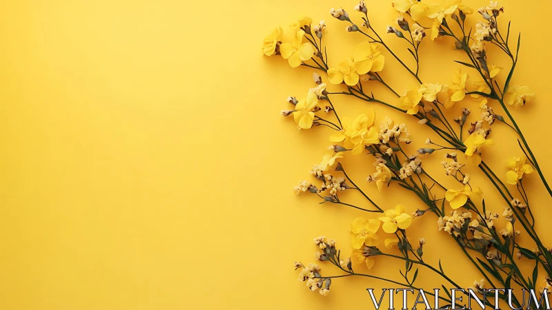 Yellow floral stems on monochrome background, right-weighted layout