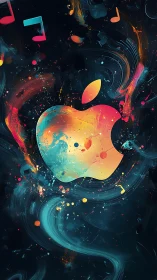 Color-splashed apple emblem amid swirling music notes.