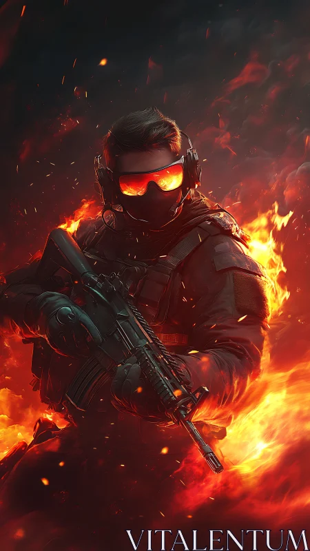 Armored soldier strides through raging flames in tactical focus