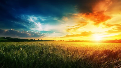 Vast green field under intense sunset sky panorama.