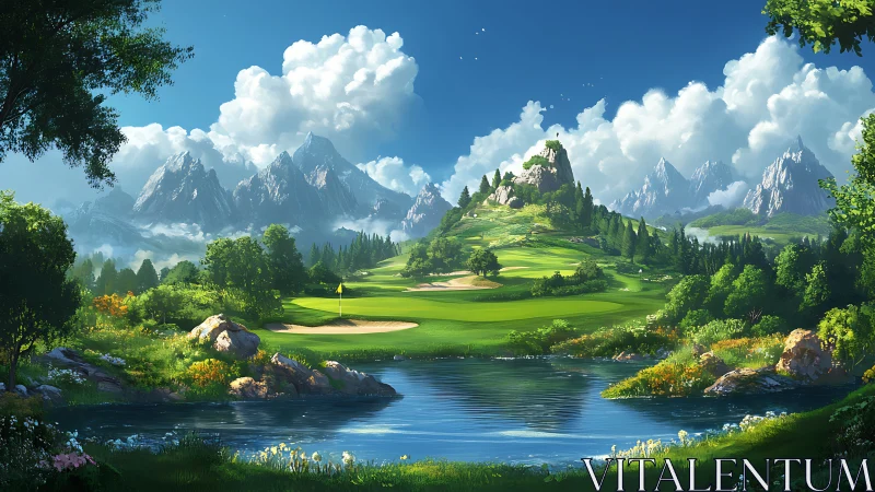 Fantasy mountain golf course beside reflective lake panorama.