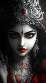 Goddess-like woman in ornate silver crown and red jewels.