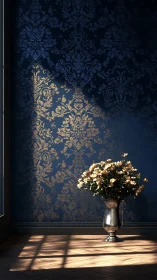 Silver vase with flowers against patterned blue wall.