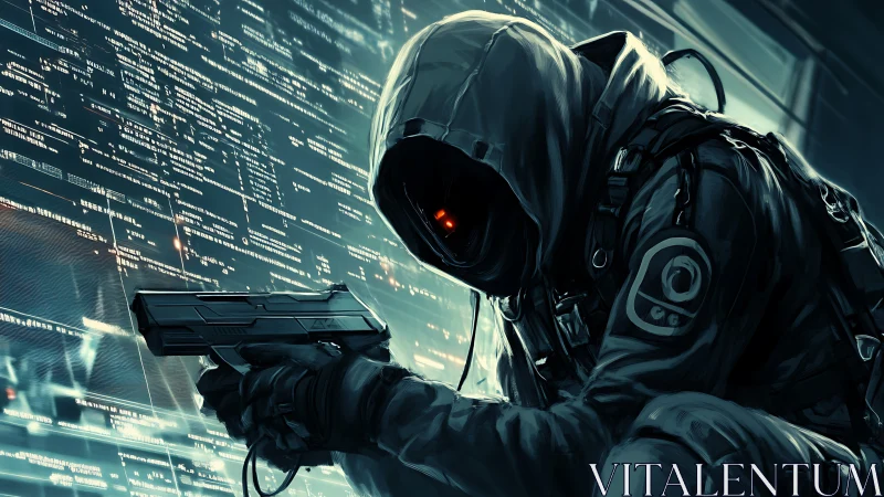 Hooded cybernetic assassin crouches in neon data stream.