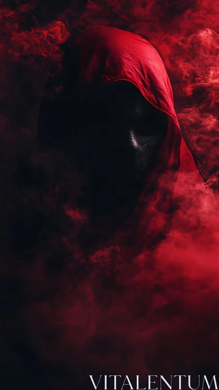 Scarlet hooded shadow emerging from a storm of smoke.