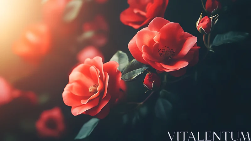 Red Roses Bathed in Golden Sunlight and Shadow.