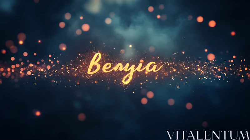 Luminous Beryia script glows amid drifting golden particles