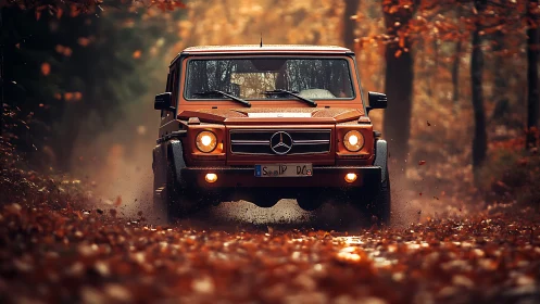 Orange Mercedes G-Class driving on muddy forest track.