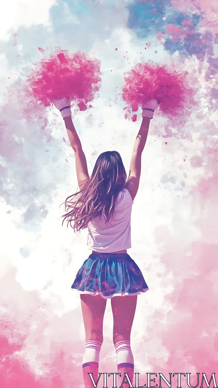 Cheerleader lifts bright pink pom poms into a dreamy sky