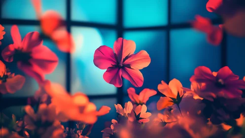 Vivid magenta flower hovers before glowing blue window