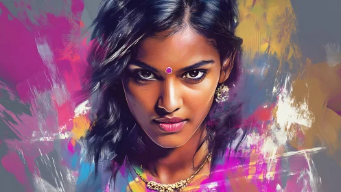 Fierce gaze carves neon storms through painted twilight