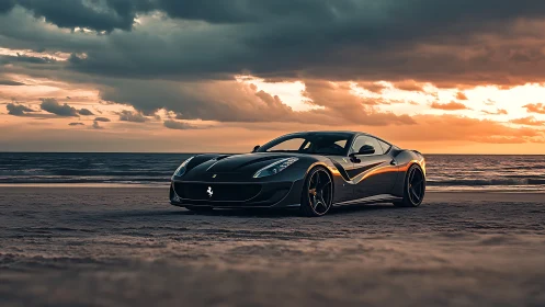 Sunset-lit supercar poised on tranquil ocean shoreline.