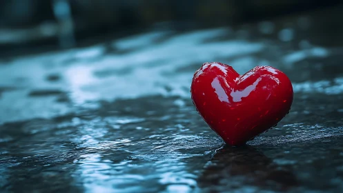 Scarlet Heart Resting on Wet Pavement with Bokeh Background.