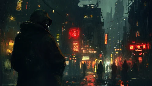 Hooded watcher in neon-soaked cyberpunk rainstorm street.
