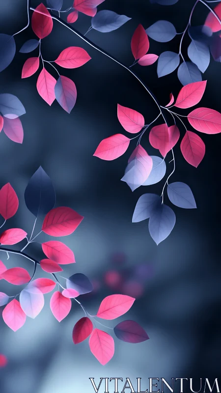 Neon pink and blue leaves on dark blurred forest background.