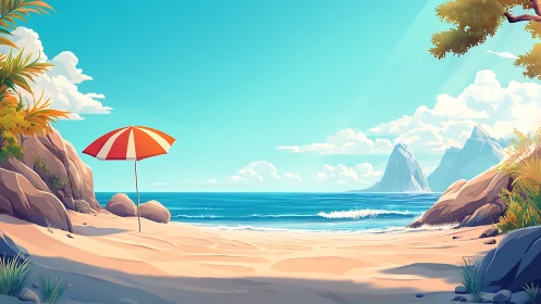 Beachscape with parasol, mountains, and tropical vegetation in digital illustration
