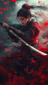 Samurai warrior with drawn katana amid red particles.