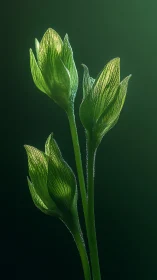 Tender green buds glowing softly in quiet forest light.