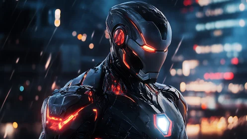 Rain-soaked urban combat exosuit with red luminous circuitry.