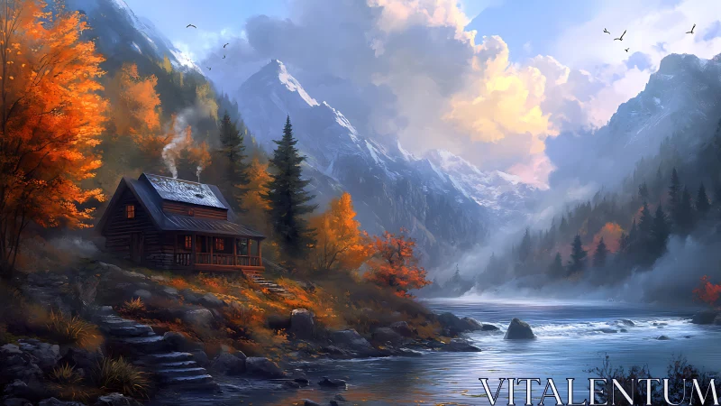 Autumn riverside cabin beneath luminous alpine peaks.