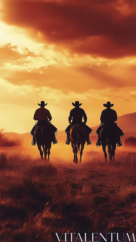 Backlit cowboy riders traverse dusty plain under dramatic sky