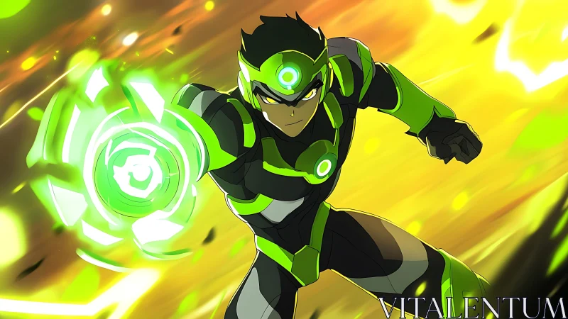 Energetic armored hero generates radial neon-green energy shield