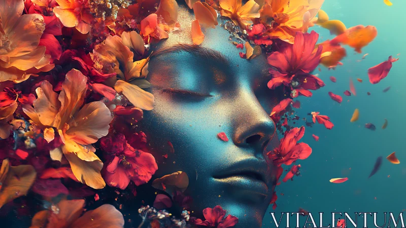 Iridescent metallic face immersed in vivid floral explosion.