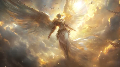 Radiant celestial angel ascends through blazing golden clouds
