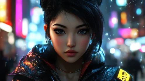 Neon rain drapes a cyberpunk heroine in midnight focus.
