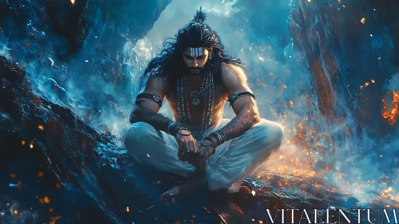 Meditating warrior in glowing rocky cavern environment.